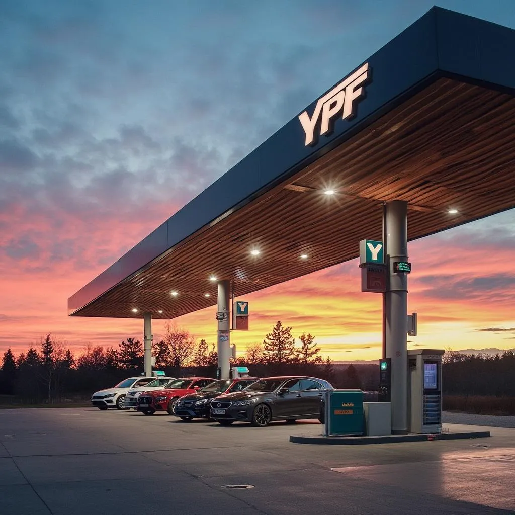 Vista panorámica de una moderna estación YPF al atardecer